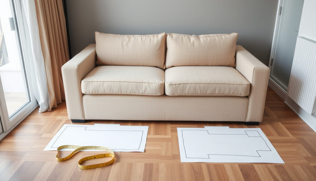 Kompakti olohuone, jossa pieni beige moduulisohva, jonka lattialla on mittojen hahmottamiseen tarkoitetut paperipohjat ja mittanauha