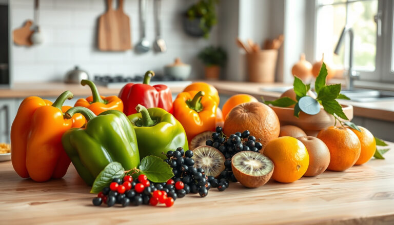 Keittiön pöydällä tuoreita C-vitamiinin lähteitä: paprikoita, mustaherukoita, kiivejä ja appelsiineja.