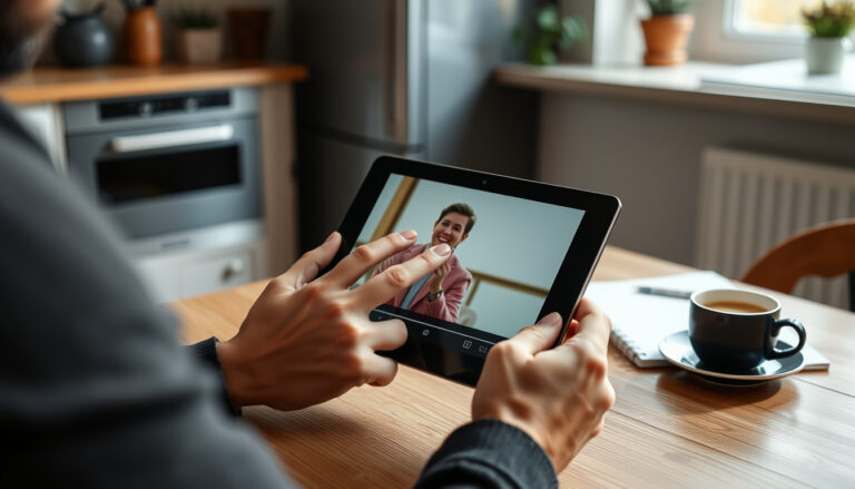 Henkilö selailee noin 10 tuuman näyttöistä tablettia puisen pöydän ääressä kuppi kahvia vierellä
