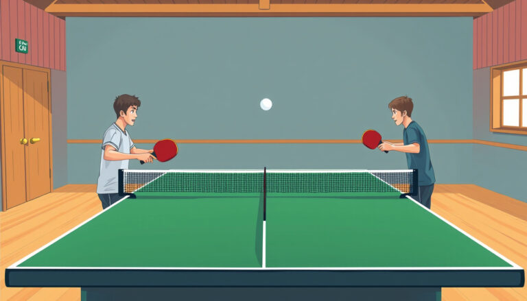 Kaksi pelaajaa harjoittelee pöytätennistä verkollisella pelipöydällä urheilusalissa, pallo ilmassa