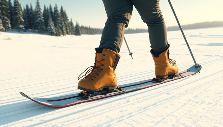 Helmikuva: henkilö liukuu leveillä lyhyillä liukulumikengillä umpihangessa metsämaisemassa, kässä varret.