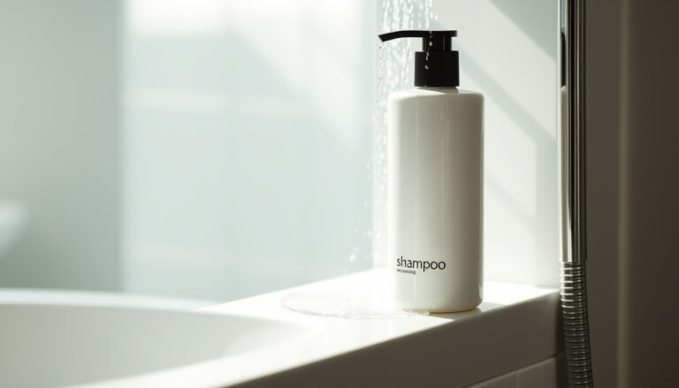 Shampoopullo kylpyhuoneen hyllyllä hiustenpesun yhteydessä
