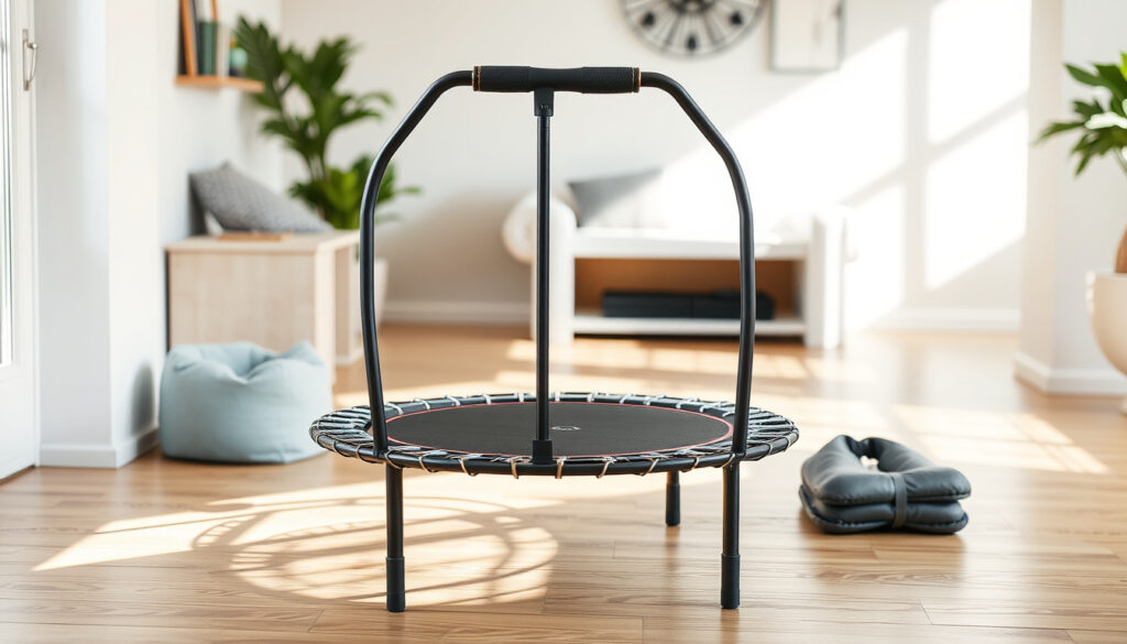 Pieni sisätiloissa käytettävä fitness-trampoliini säädettävällä tukikahvalla puulattialla olohuoneessa